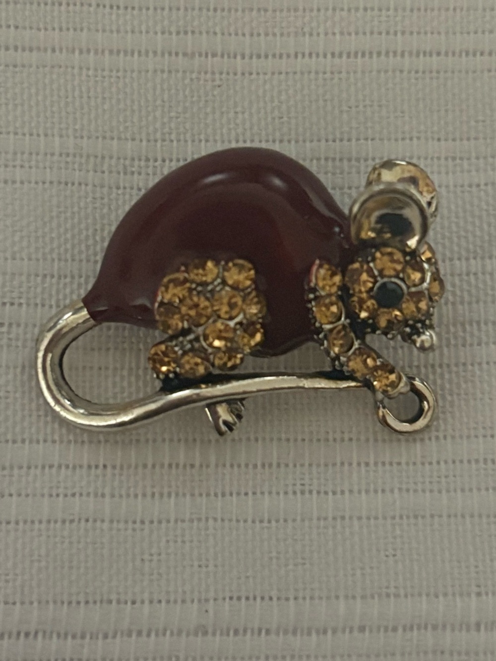 Gold-Tone Brown Mouse Brooch with Amber Rhinestones
